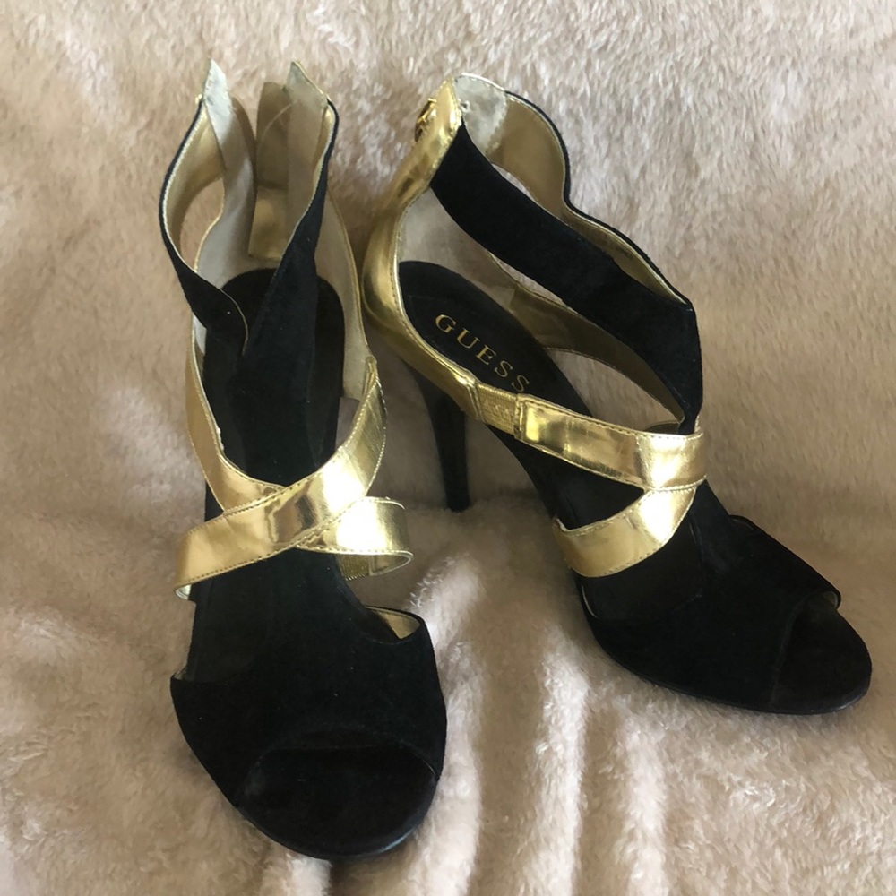 Guess black and gold strappy open toe heels
